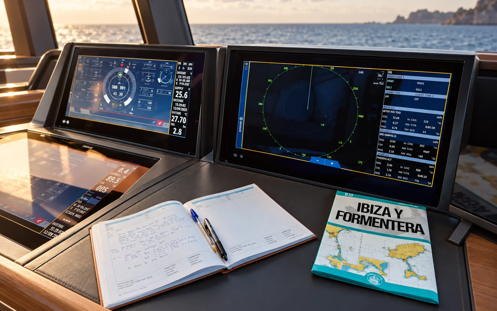 Navigation screens and an open logbook at LAVAN's helm.