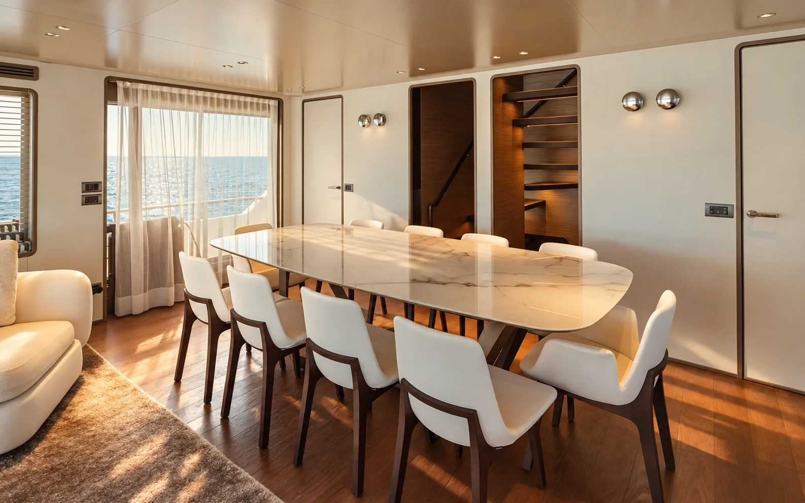 LAVAN's marble dining table, with cream chairs and walnut stairs beyond