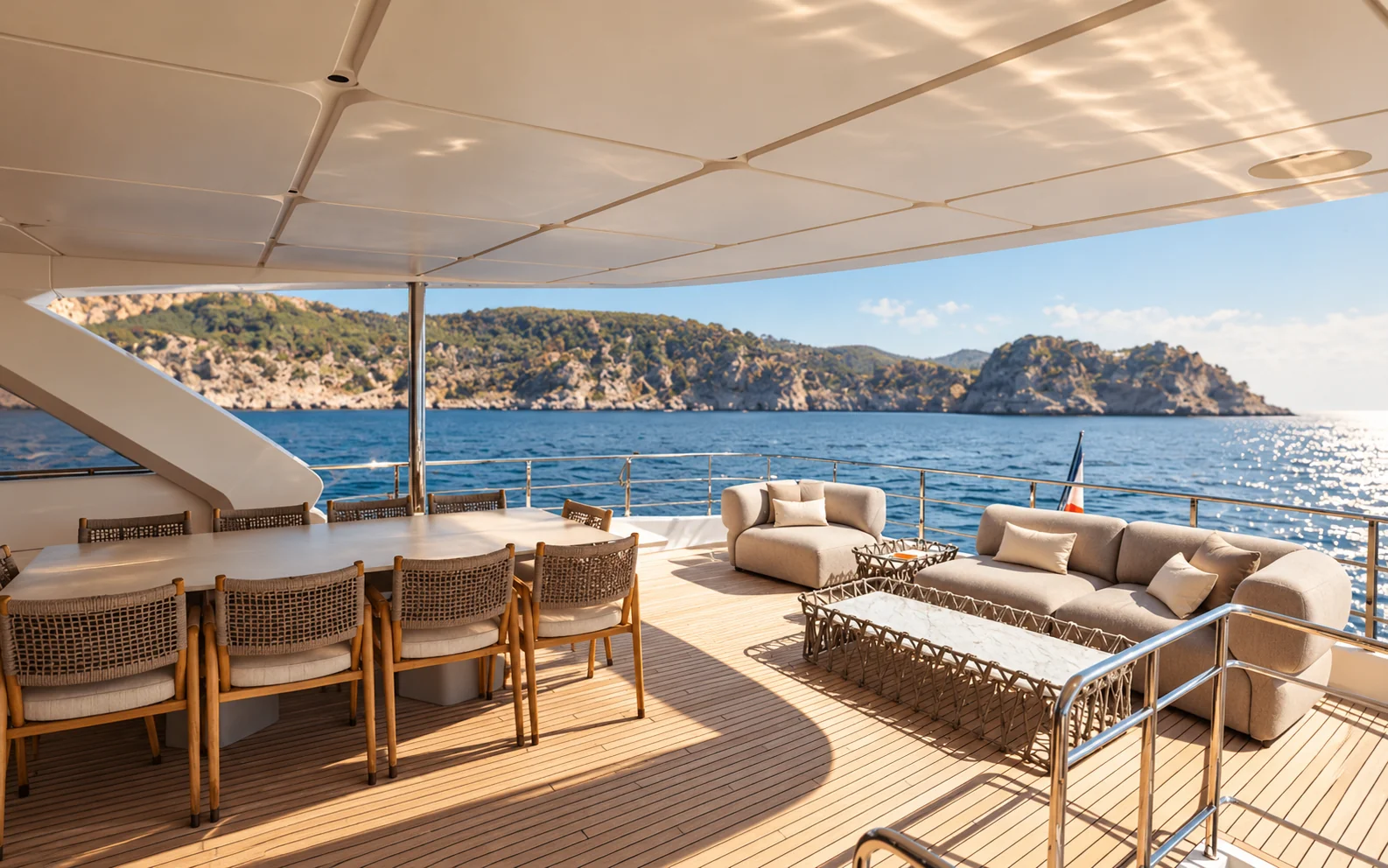 The upper-deck terrace, with an outdoor dining table and lounge seating.