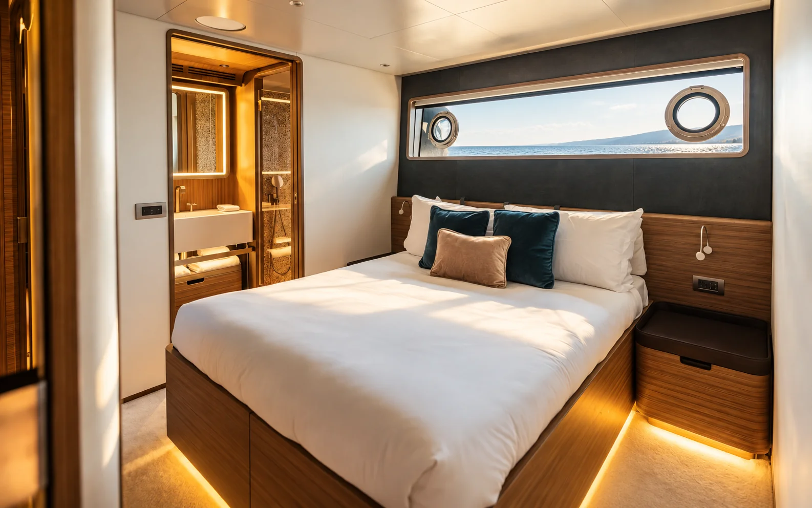 A double guest cabin, with a sea-facing window and adjoining bathroom.