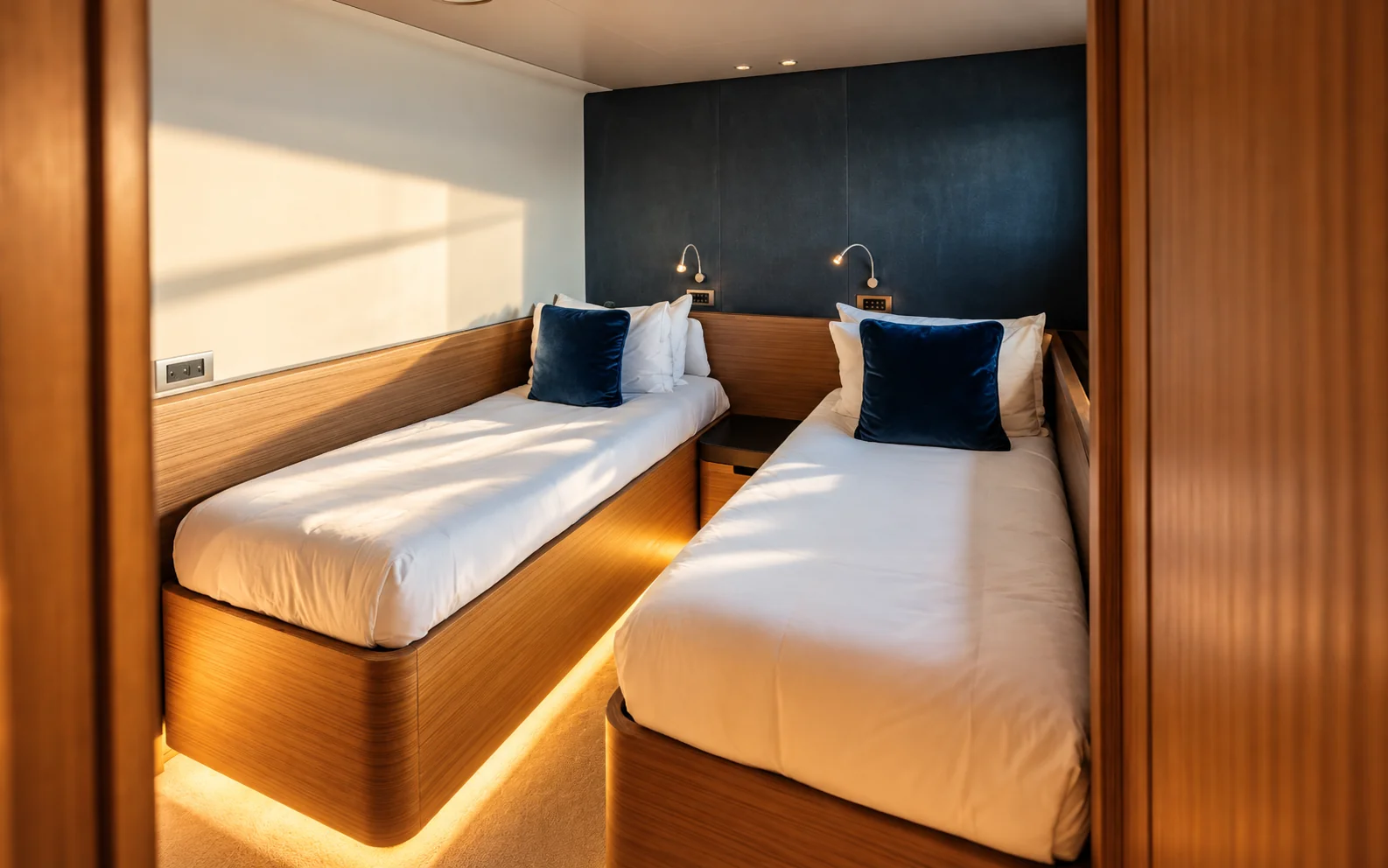 A twin guest cabin, with walnut bed frames and blue cushions.