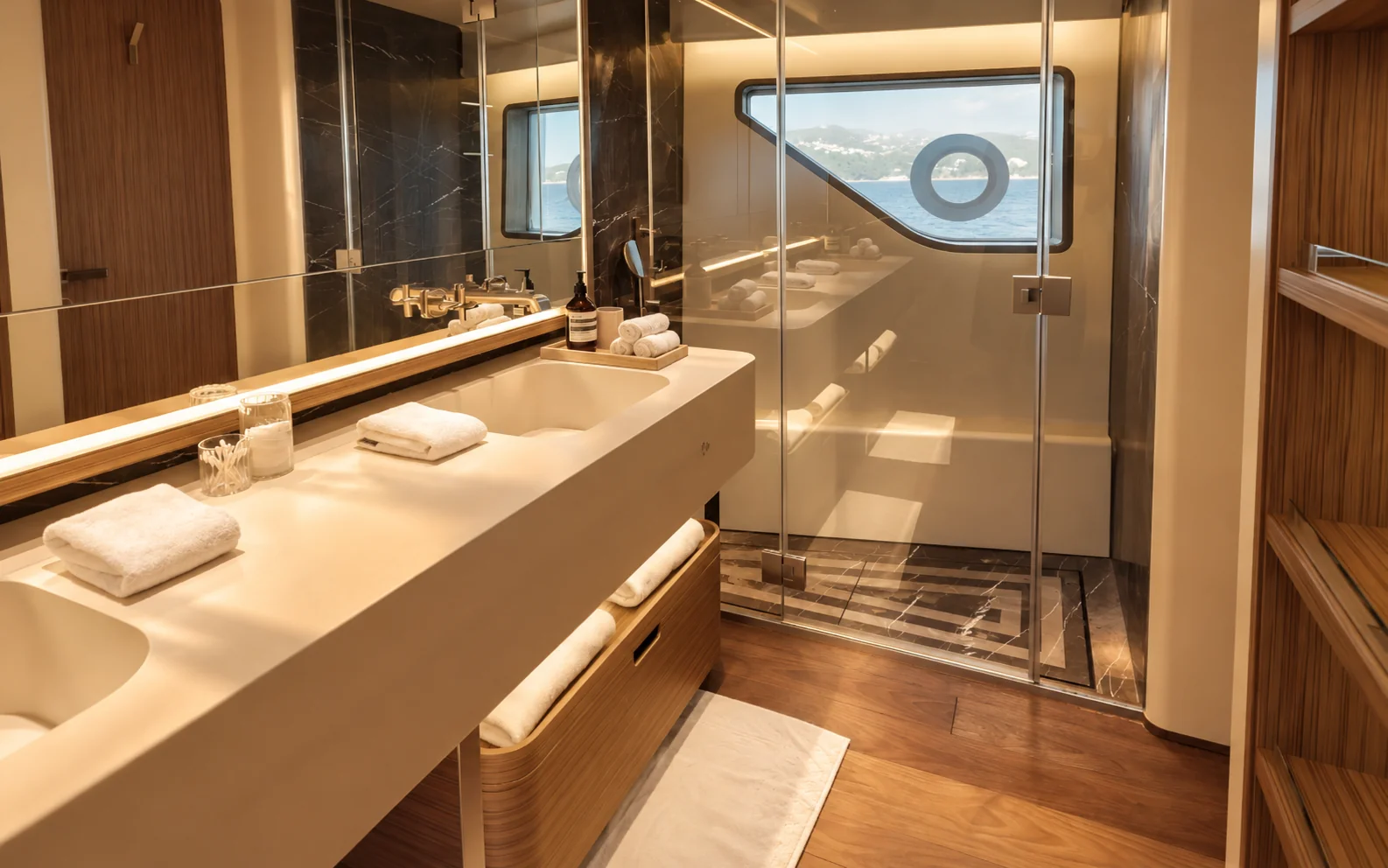 The owner's bathroom, with two basins, dark veined marble and a window in the hull side.