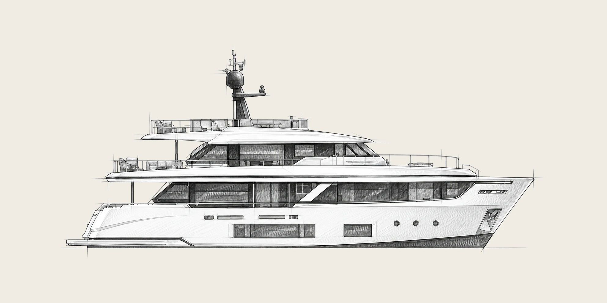 An available main-deck sketch showing the saloon, dining table and forward suite; arrangement awaiting confirmation.